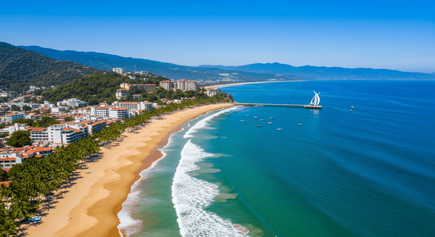 Aerial view of Puerto Vallarta beach, pier and turquoise bay